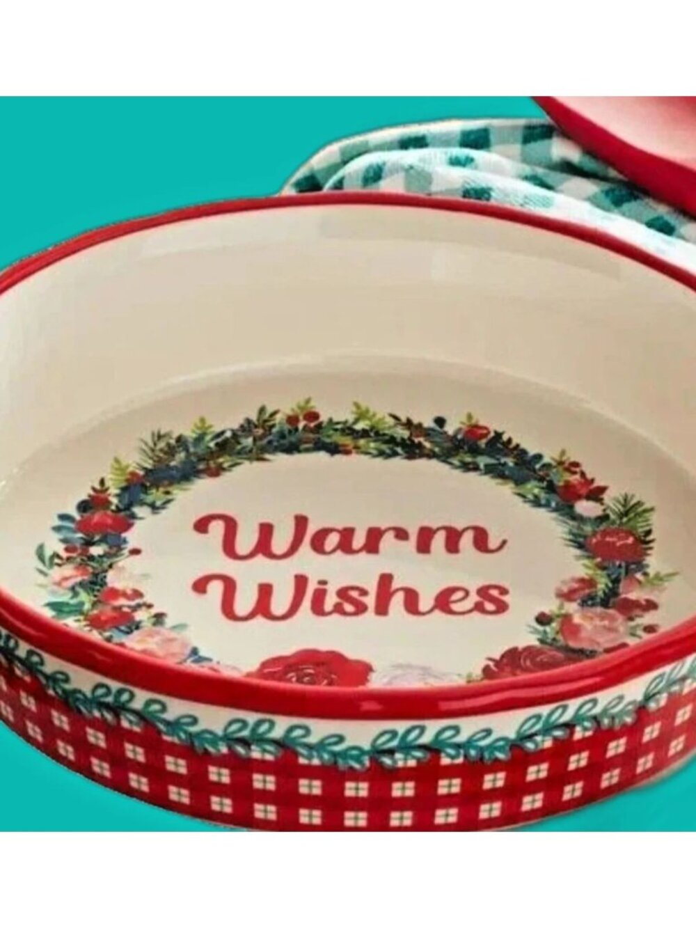 Pioneer Woman Holiday Christmas Pie Plate 9" Red Stoneware Warm Wishes NEW